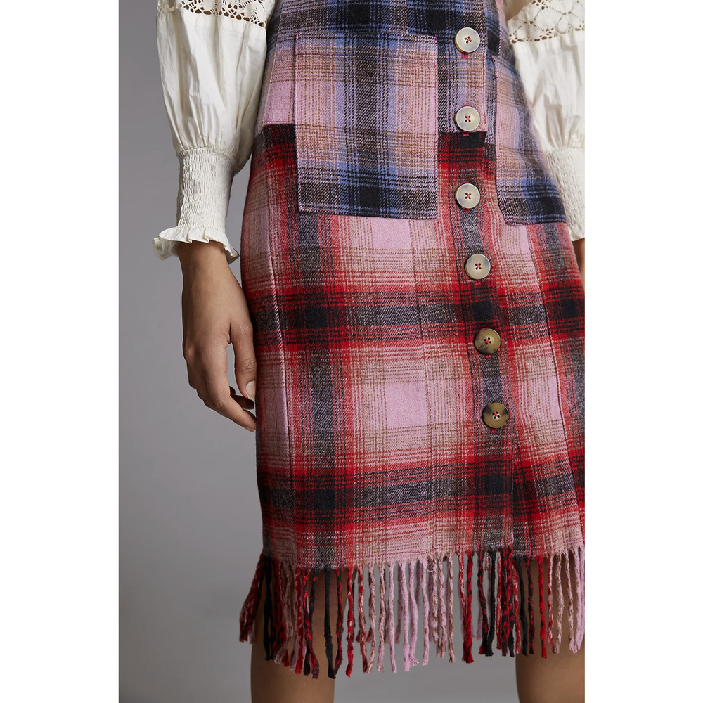 Anthropologie Pink Fringed Plaid Mini Skirt - New - Size 6 - Picture 3 of 9